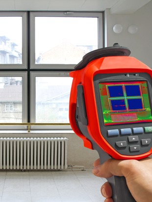 thermal gun used to measure heat loss of window glass.